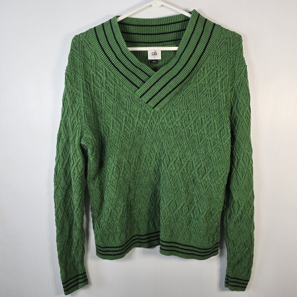 Cabi Lucky Day Pullover Sweater Kelly Green/Blue Bands Cotton Blend Size Small